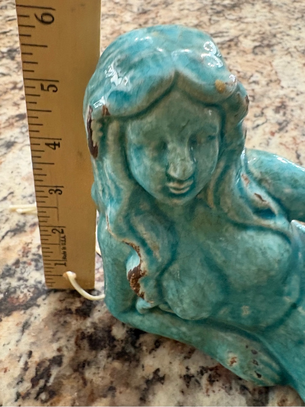 Glossy Blue Green Ceramic Mermaid Statue W/ Distressed Antique Finish 13.5" - Picture 7 of 9